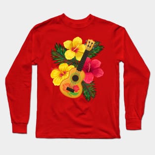 Hawaiian Ukulele Lute and Hibiscus Long Sleeve T-Shirt